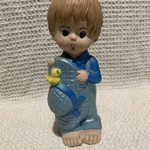 Vintage Ceramichrome Barefoot Farm Boy Blue Overhalls Hat Yellow Bird 70s